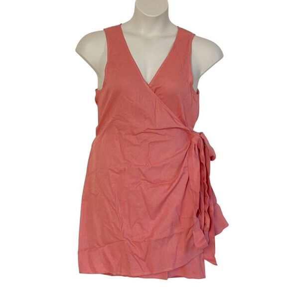 Andie Cacela Sunset Pink Linen Rayon Wrap Sleeveless Mini Dress Sz L NWT - Picture 10 of 12
